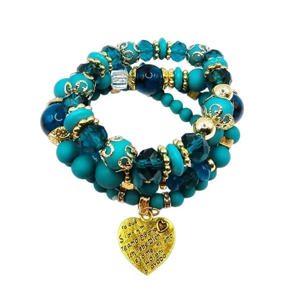 Turquoise Bohemian Glass Charms Bracelet Stretchable Boho Style Blue Jewelry - Picture 3 of 7